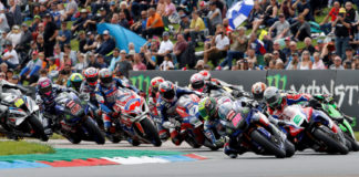Jason O'Halloran (22) leads a British Superbike race start Sunday at Thruxton Circuit. Photo courtesy MotorSport Vision Racing.