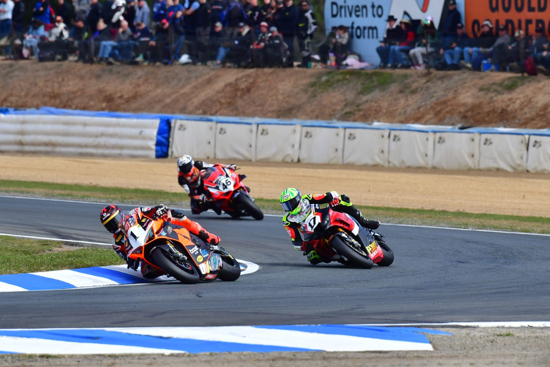 Wayne Maxwell (1) leads Troy Herfoss (17) and Mike Jones (46) during an ASBK race earlier in 2021 at Wakefield Park. Photo by Optikal Photography, courtesy ASBK.