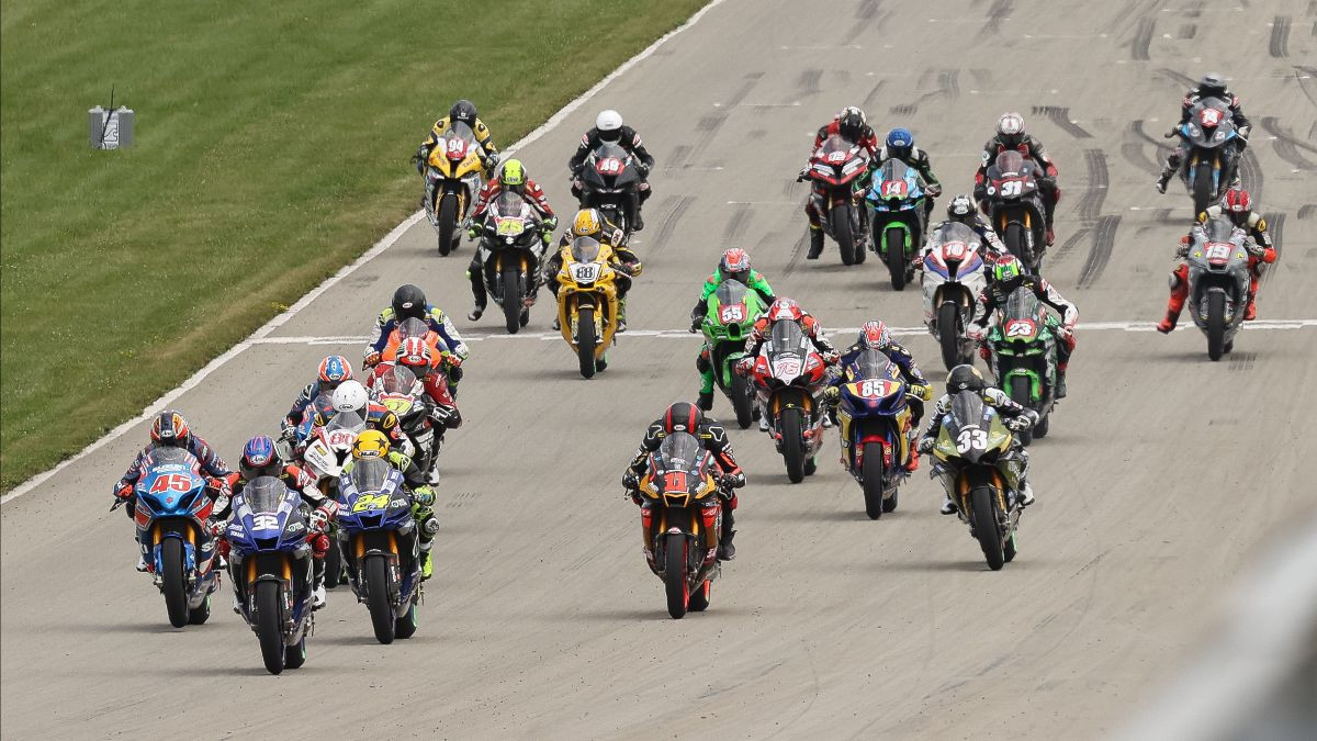 The start of MotoAmerica Superbike Race Two at PittRace. Photo by Brian J. Nelson.