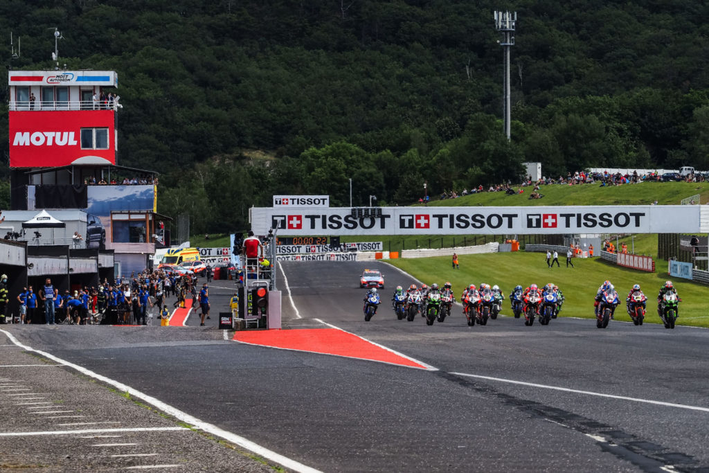 The start of World Superbike Race One at Autodrom Most. Photo courtesy Dorna.