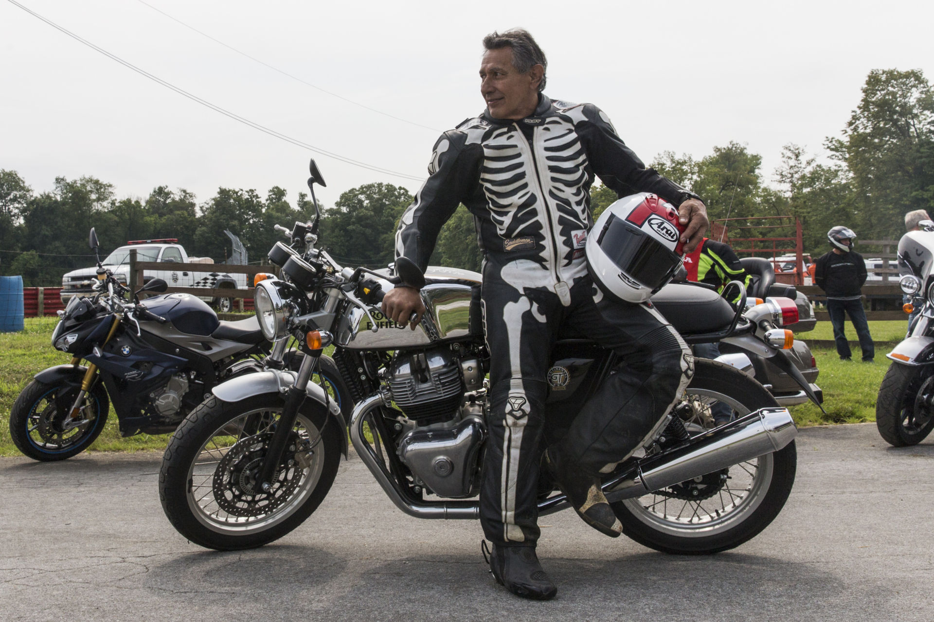 AMA Motorcycle Hall of Famer David Aldana sporting his iconic skeleton leathers prior to the Lap for History at 2021 AMA Vintage Motorcycle Days, presented by Royal Enfield. Photo by Lindsay Jordan, courtesy AMA.