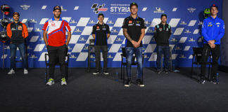 MotoGP racers (from left): Miguel Oliveira, Johann Zarco, Maverick Vinales, Fabio Quartararo, Cal Crutchlow, and Joan Mir at the pre-event press conference in Austria. Photo courtesy Dorna.