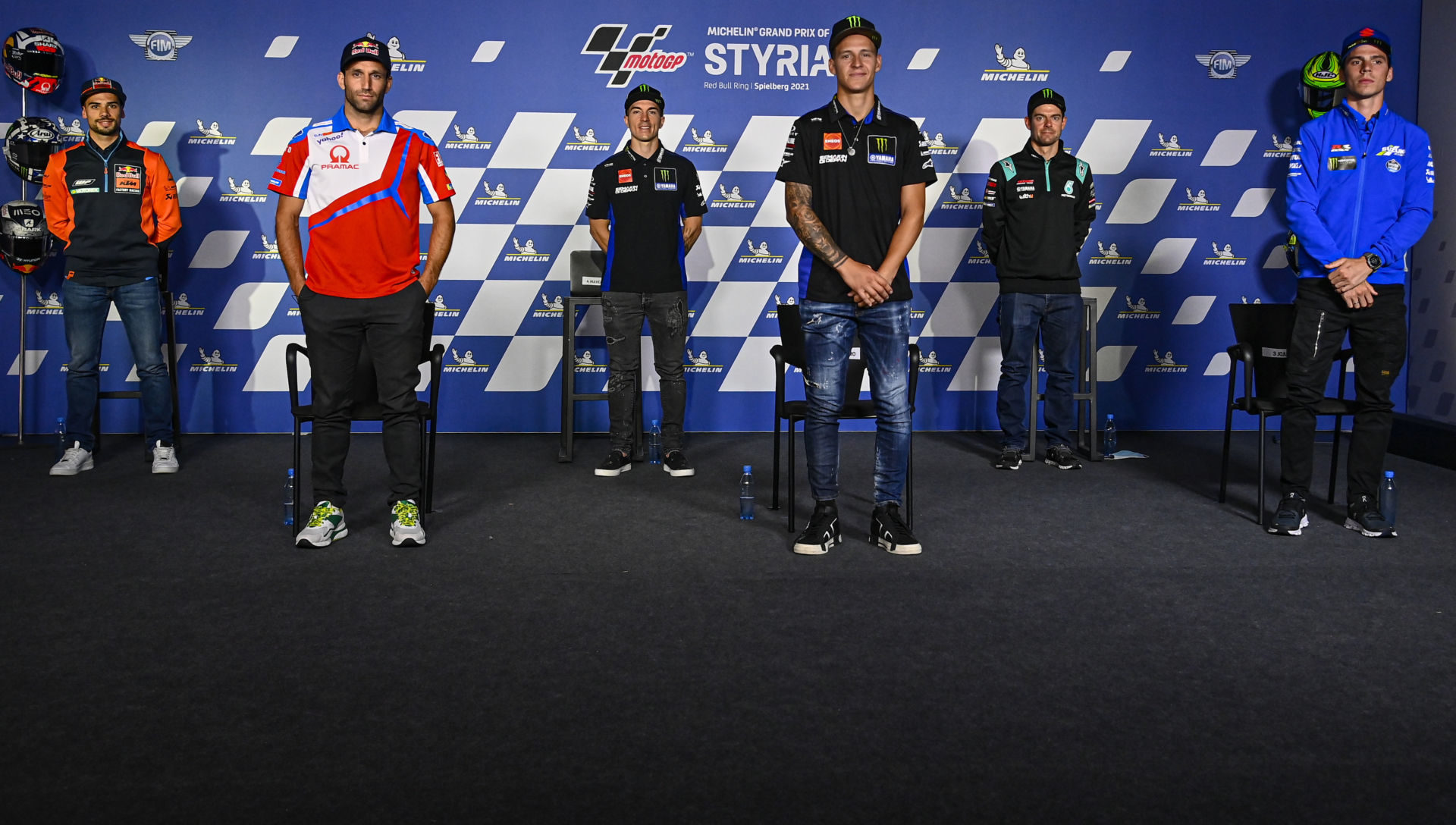 MotoGP racers (from left): Miguel Oliveira, Johann Zarco, Maverick Vinales, Fabio Quartararo, Cal Crutchlow, and Joan Mir at the pre-event press conference in Austria. Photo courtesy Dorna.