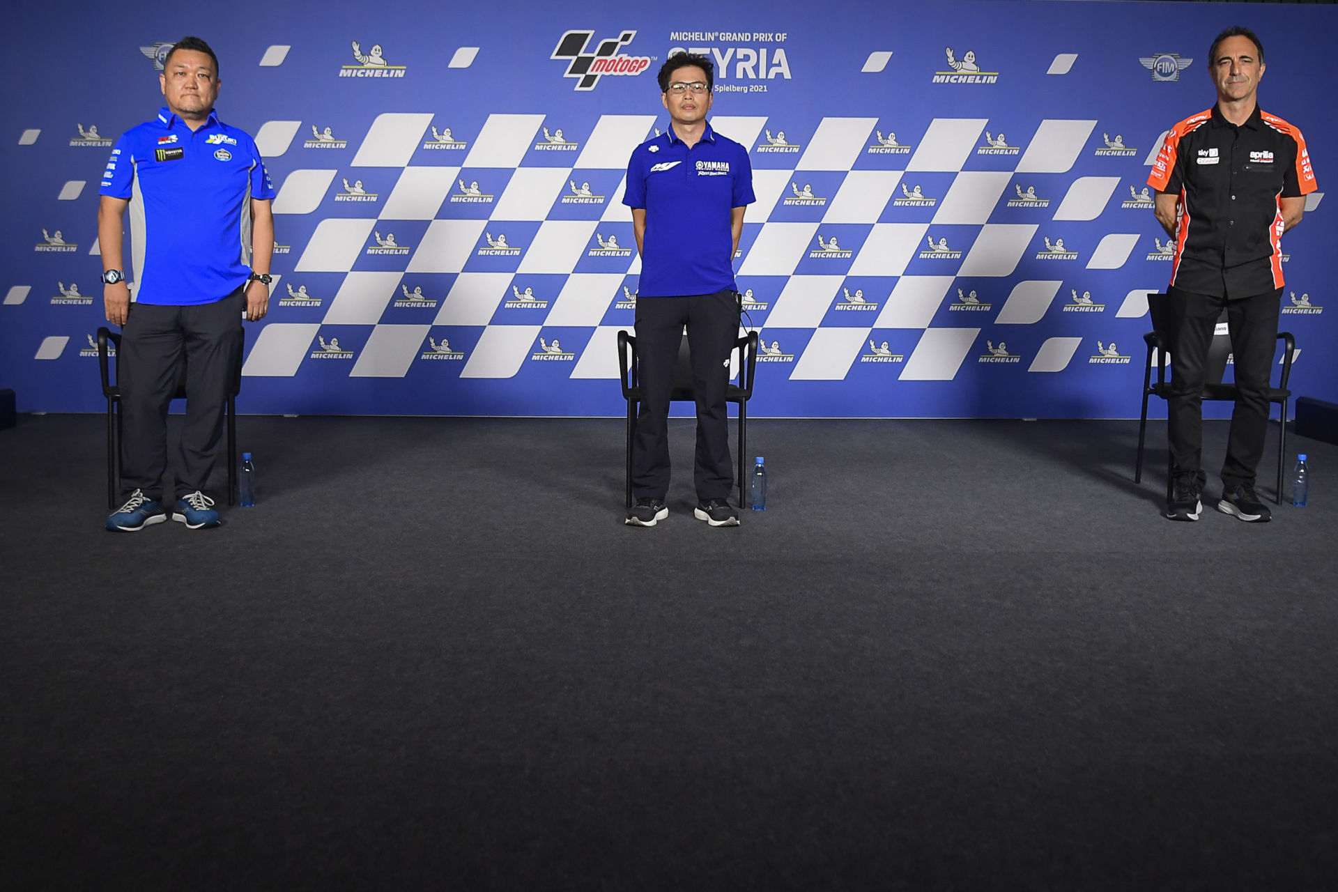 (From left) Ken Kawauchi, Team Suzuki ECSTAR Technical Manager; Takahiro Sumi, Yamaha YZR-M1 Project Leader; and Romano Albesiano, Aprilia Racing Technical Director. Photo courtesy Dorna.