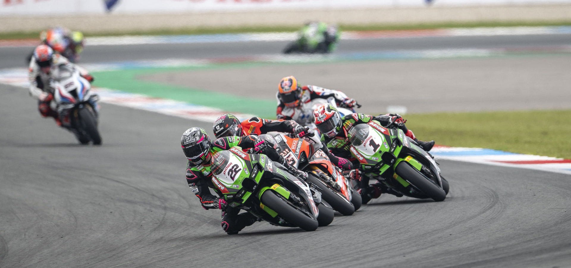 Alex Lowes (22) leads Scott Redding (behind Lowes), Jonathan Rea (1), Michael van der Mark (behind Rea), and the rest of the World Superbike field at Assen. Photo courtesy Kawasaki.