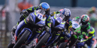 Dynavolt Triumph teammates Kyle Smith (11) and Brandon Paasch (96) at speed. Photo courtesy Dynavolt Triumph.