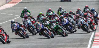 The start of a World Superbike race at the Navarra Circuit, in Spain. Photo courtesy Dorna.