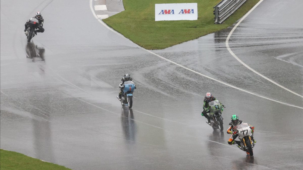 CJ Lukacs (77) kept her perfect win record intact in the Royal Enfield Build. Train. Race. program with a victory over Kayla Theisler (52) and Trisha Dahl (44) on Sunday. Photo by Brian J. Nelson, courtesy MotoAmerica.