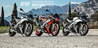 The 2021 Aprilia Tuono V4 Factory comes with sticky, track-oriented Pirelli Supercorsa tires, including a larger, 200-series rear; Öhlins Smart EC 2.0 semi-active electronically adjustable suspension; lower handlebars; a trick new swingarm; and shorter gearing. Photos courtesy Aprilia.