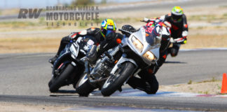 The author in action at Buttonwillow on his 2003 Suzuki SV650 after fitting a Traxxion Dynamics AR-25 Axxion Rod Damper Kit. The kit improved feel, compliance, and control. Photo by Caliphotography.com.