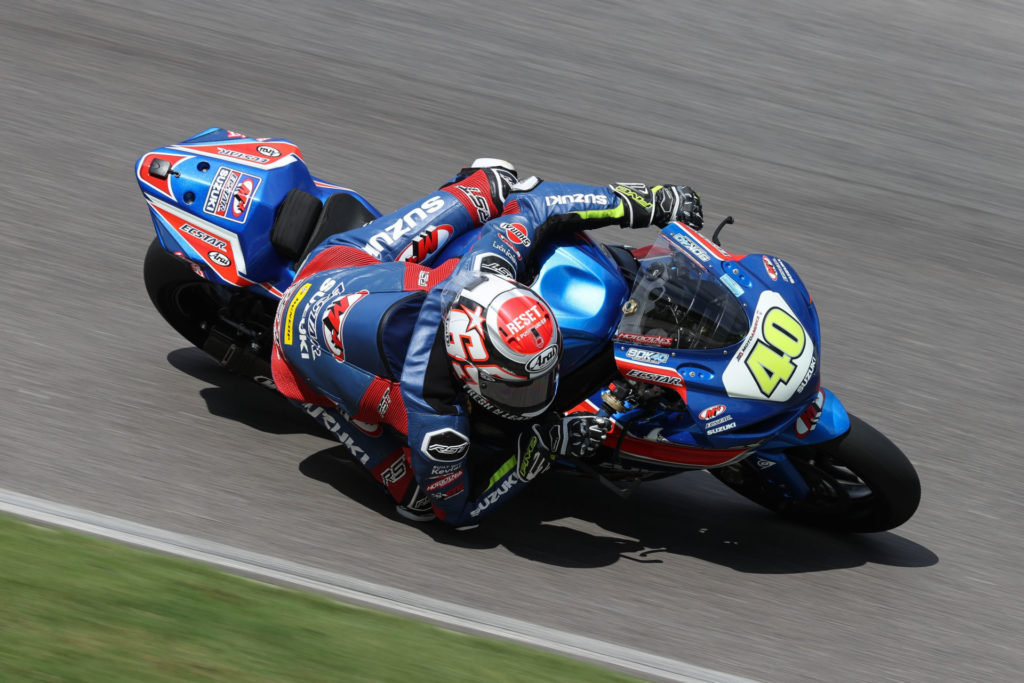 Sean Dylan Kelly (40) finished off his 2021 season with a last-lap win and a second-place finish on his GSX-R600. Photo by Brian J. Nelson, courtesy Suzuki Motor USA, LLC.