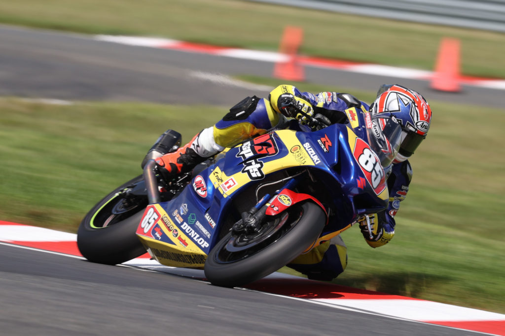 Jake Lewis (85) took his fifth win and the MotoAmerica Stock 1000 Championship on his Suzuki GSX-R1000R. Photo by Brian J. Nelson, courtesy Suzuki Motor USA, LLC.