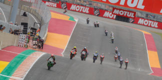 Jonathan Rea (1) leads a World Superbike race at Argentina's Circuito San Juan Villicum in 2019, the last time the FIM Superbike World Championship raced there. Photo courtesy Dorna.