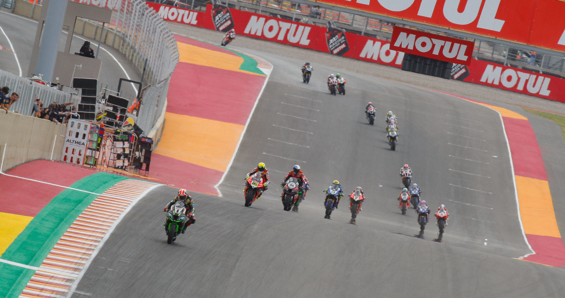 Jonathan Rea (1) leads a World Superbike race at Argentina's Circuito San Juan Villicum in 2019, the last time the FIM Superbike World Championship raced there. Photo courtesy Dorna.