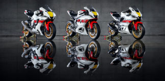Yamaha's 2022 60th Grand Prix Anniversary Edition Supersport models (from left): YZF-R1, YZF-R7, and YZF-R3. Photo courtesy Yamaha.