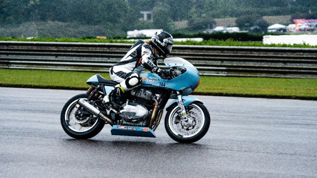 Trisha Dahl (144) showed good consistency, landing her third podium finish of the three-round exhibition series. Photo courtesy Royal Enfield North America.