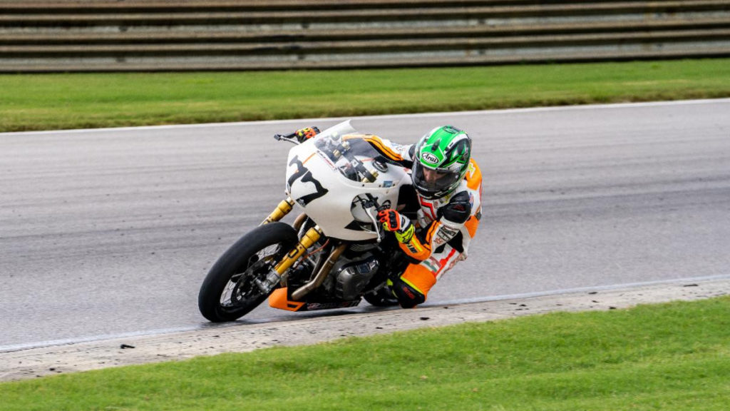 CJ Lukacs (77) at speed. Road Race series. Photo courtesy Royal Enfield North America.