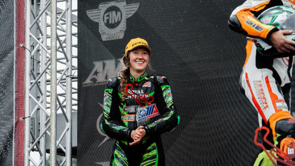 Kayla Theisler was thrilled to get her first podium finish of the season at her favorite track. It might have been a win if she hadn't run out of time. Photo courtesy Royal Enfield North America.