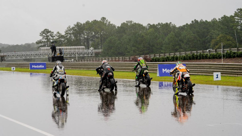 Down to a four-rider field after rain delays left Sunday's program in doubt (and several team members having to head to the airport), the Royal Enfield BTR race finally got underway. Photo courtesy Royal Enfield North America.