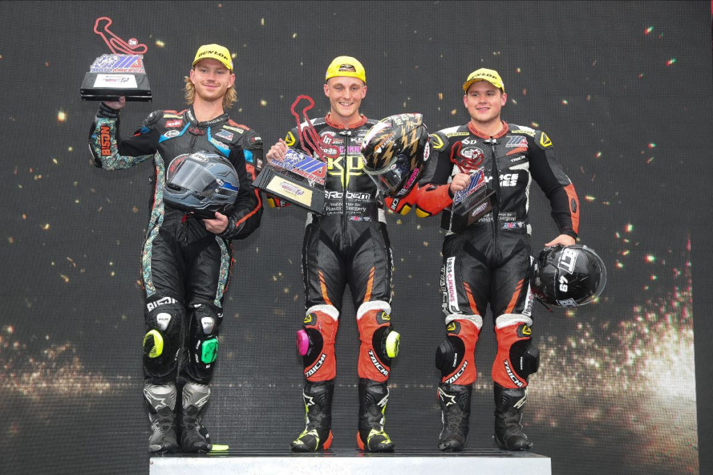 Kaleb De Keyrel (center) beat runner-up Jody Barry (left) and third-place finisher Hayden Schultz (right) to win the Twins Cup race at Barber. Photo by Brian J. Nelson, courtesy MotoAmerica.