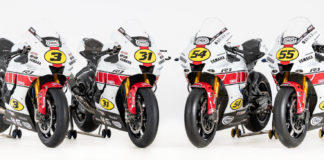 The World Superbikes of (from left) Kohta Nozane, Garrett Gerloff, Toprak Razgatlioglu, and Andrea Locatelli in their special livery. Photo courtesy Yamaha.