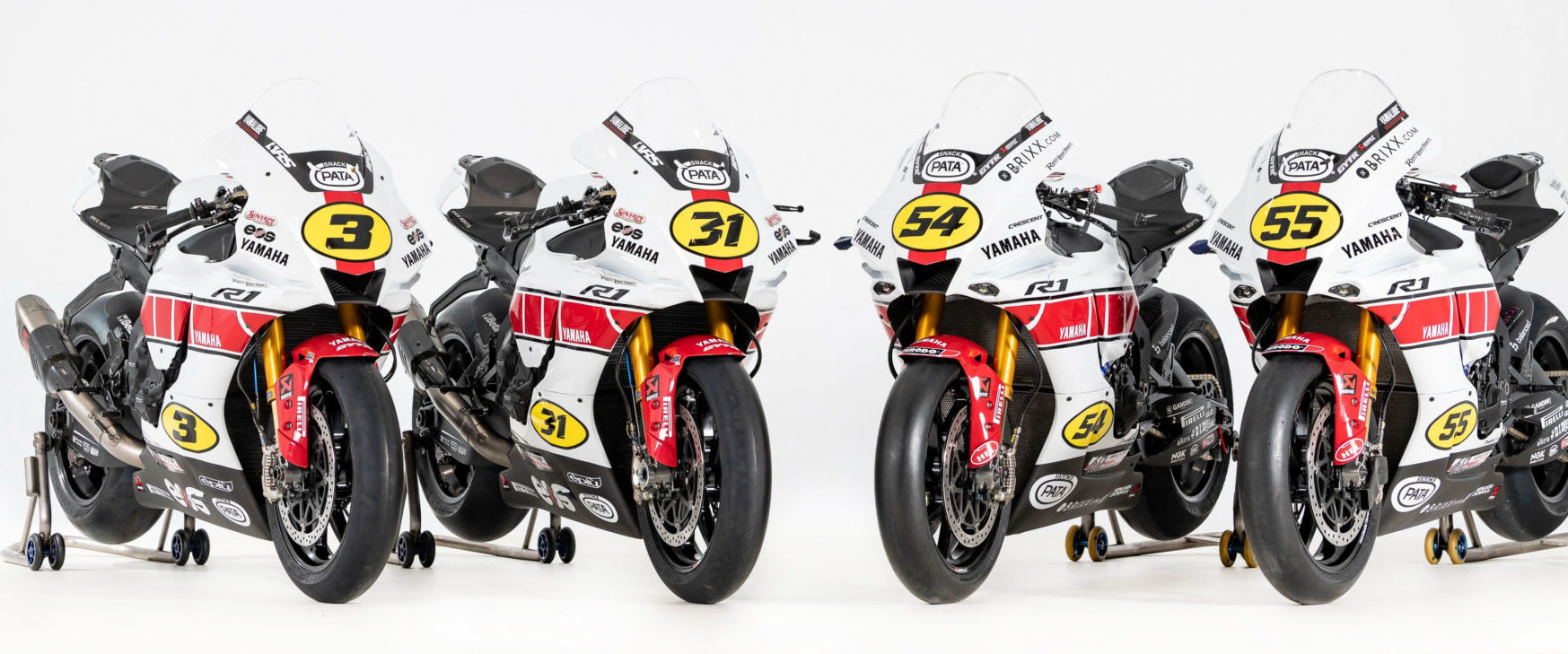 The World Superbikes of (from left) Kohta Nozane, Garrett Gerloff, Toprak Razgatlioglu, and Andrea Locatelli in their special livery. Photo courtesy Yamaha.