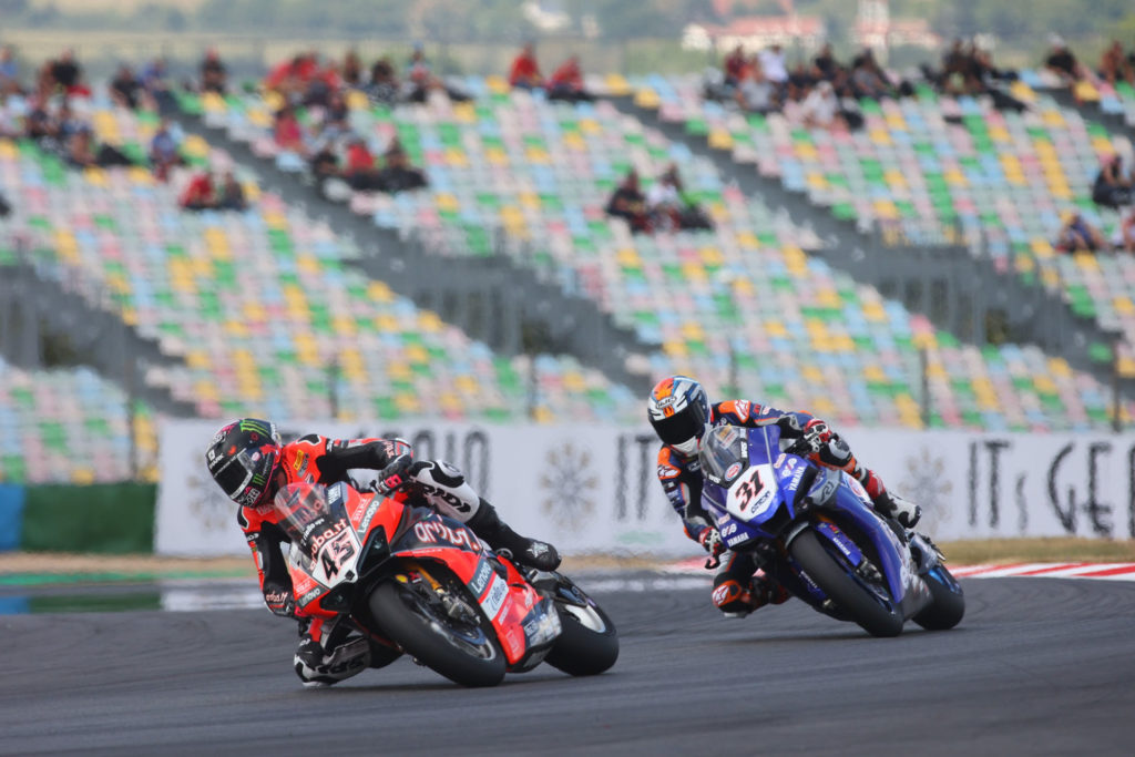 Scott Redding (45) and Garrett Gerloff (31) during Race One. Photo courtesy Dorna.