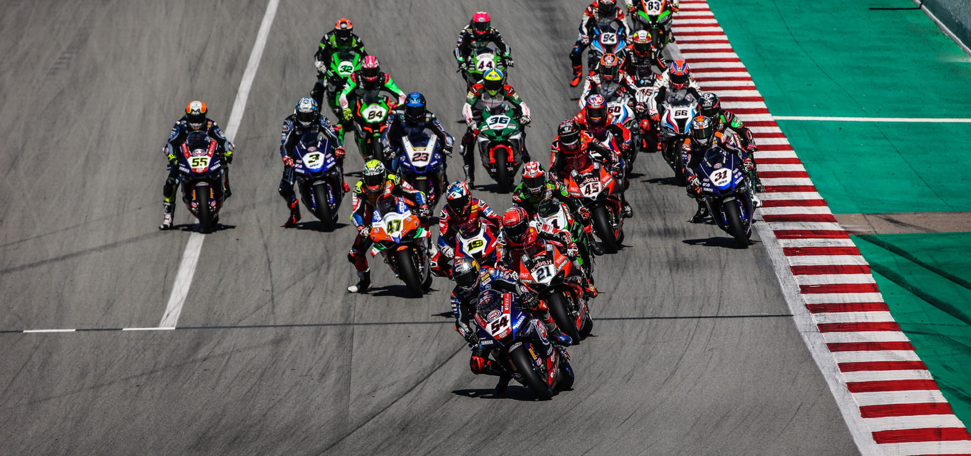 The start of a World Superbike race at Catalunya. Photo courtesy Dorna.