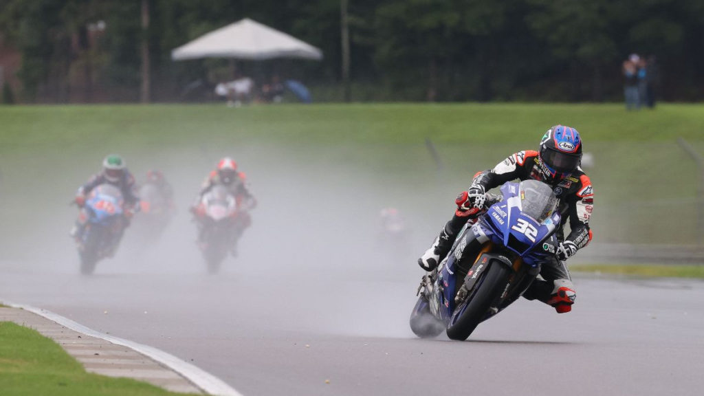 Jake Gagne (32) leads Cameron Petersen (45) and Loris Baz (76) at Barber Motorsports Park. Photo by Brian J. Nelson, courtesy MotoAmerica.