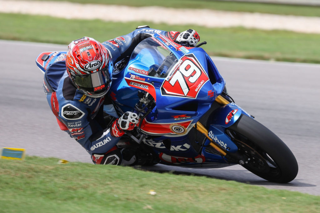 Wyatt Farris (79) raced hard on his GSX-R1000R earning a top ten overall finish in the Stock 1000 class. Photo by Brian J. Nelson, courtesy Suzuki Motor USA, LLC.