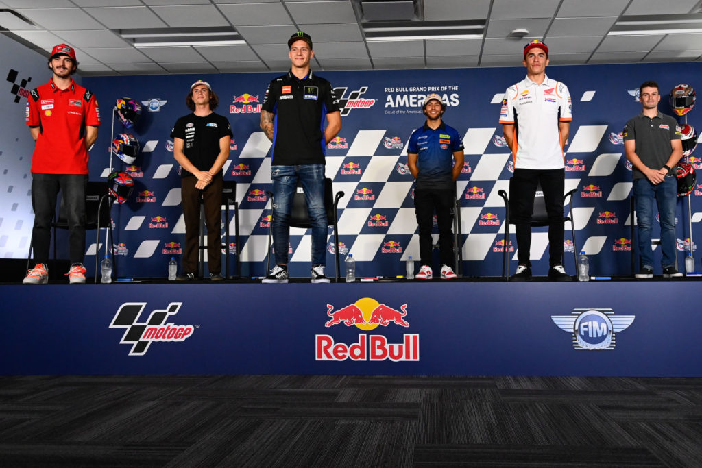 World Championship riders (from left) Francesco "Pecco" Bagnaia, Joe Roberts, Fabio Quartararo, Enea Bastianini, Marc Marquez, and Cameron Beaubier at the pre-race press conference at Circuit of The Americas. Photo courtesy Dorna.