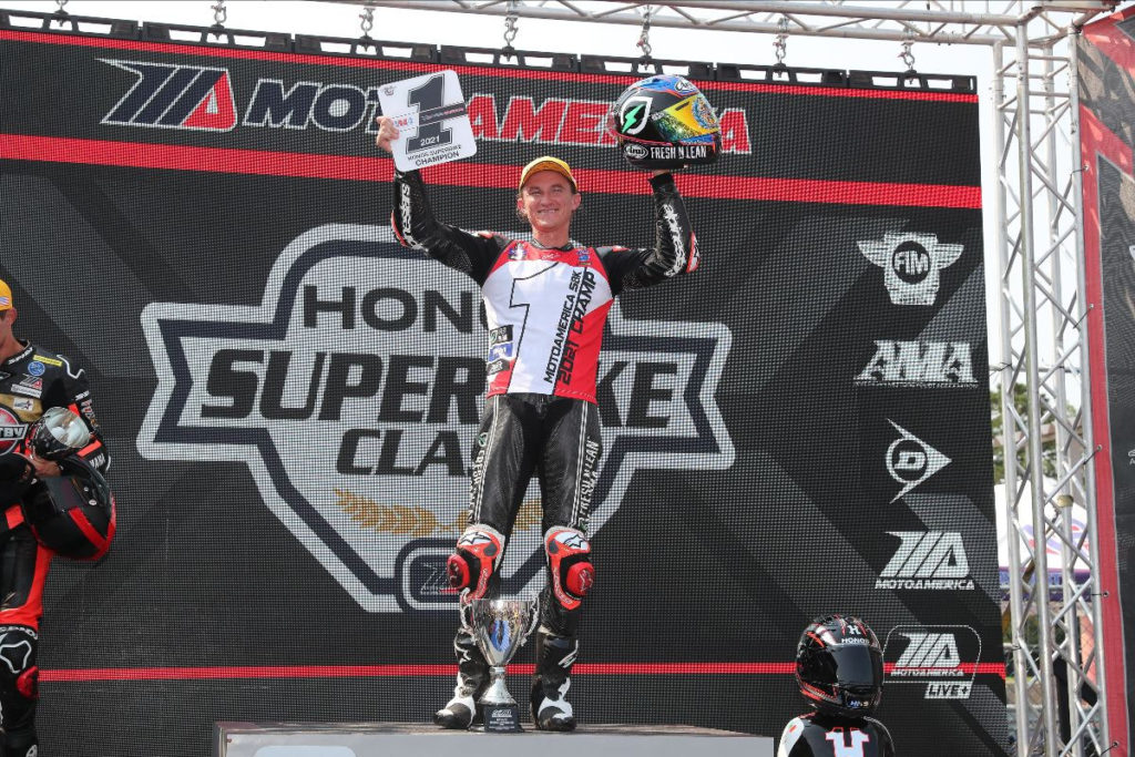 Jake Gagne, the 2021 MotoAmerica HONOS Superbike Champion. Photo by Brian J. Nelson, courtesy MotoAmerica.