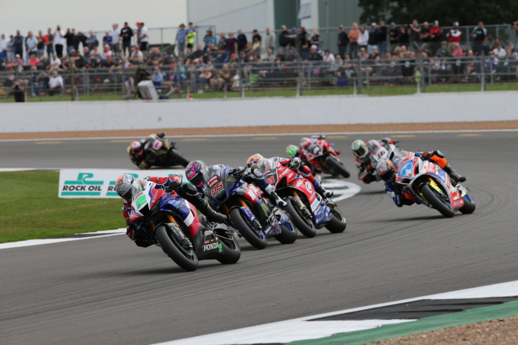 Glenn Irwin (2) won Race One Saturday at Silverstone. Photo courtesy MSVR.