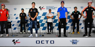 MotoGP riders (from left) Francesco Bagnaia, Franco Morbidelli, Fabio Quartararo, Marc Marquez, Joan Mir, Valentino Rossi, and Aleix Espargaro at the pre-event press conference at Catalunya. Photo courtesy Dorna.