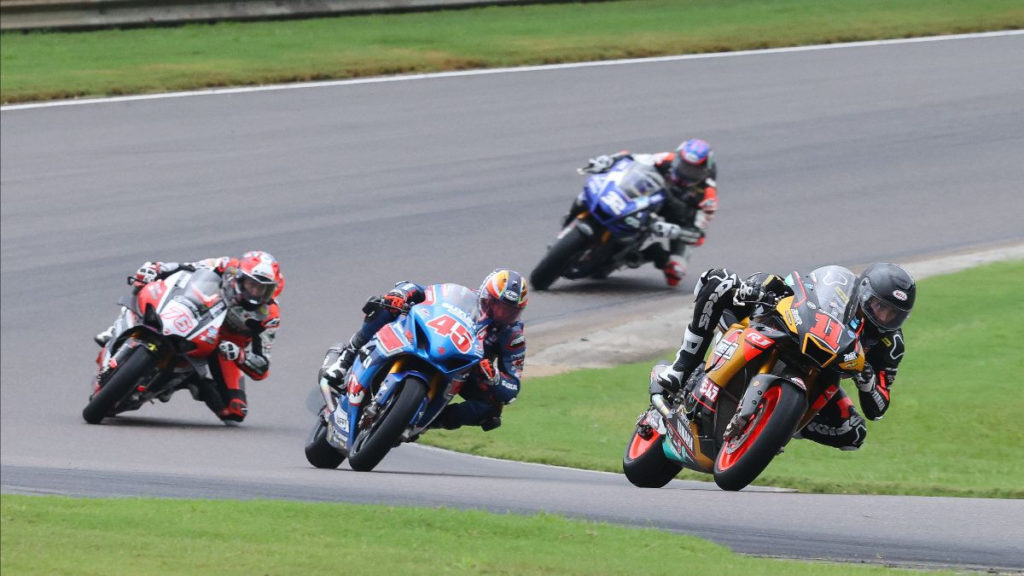 Mathew Scholtz (11) leads Cameron Petersen (45), Loris Baz (45), and Jake Gagne (32) in Race Two. Photo by Brian J. Nelson, courtesy MotoAmerica.