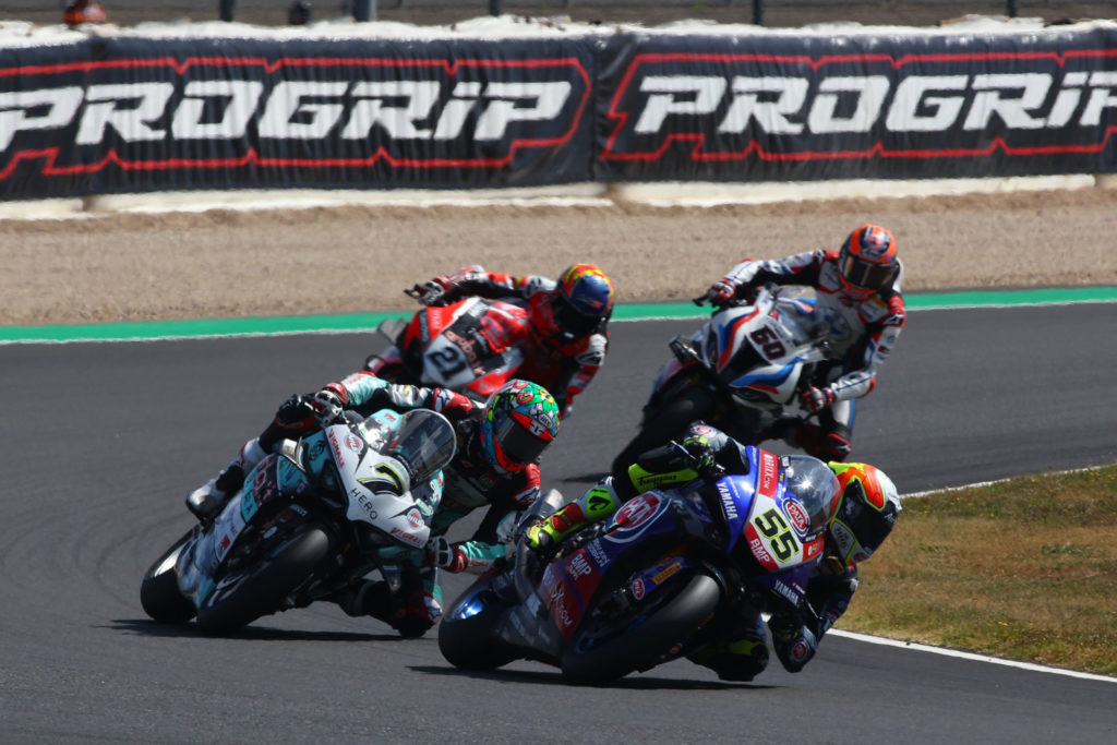 Andrea Locatelli (55) leads Chaz Davies (7), Michael Ruben Rinaldi (21), and Michael van der Mark (60). Photo courtesy Dorna.