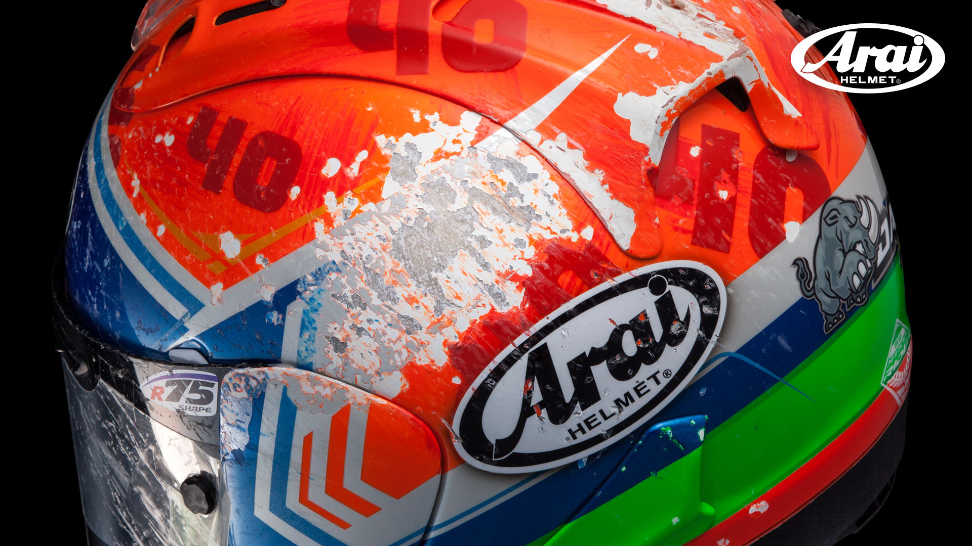 An Arai helmet that has taken a glancing blow to its outer shell. Photo courtesy Arai.