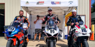 Zach Schumacher (center) won the ASRA Superstock race over runner-up Tony Storniolo (left) and third-place finisher Tom Girard (right). Photo courtesy ASRA.