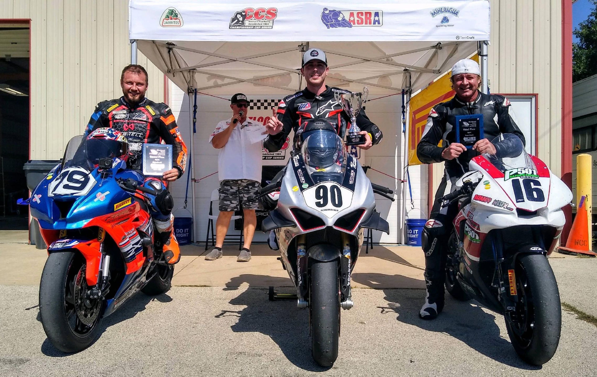 Zach Schumacher (center) won the ASRA Superstock race over runner-up Tony Storniolo (left) and third-place finisher Tom Girard (right). Photo courtesy ASRA.