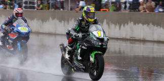 Richie Escalante (1) leading Sean Dylan Kelly (40) during wet MotoAmerica Supersport Race One at Barber Motorsports Park. Photo by Brian J. Nelson.