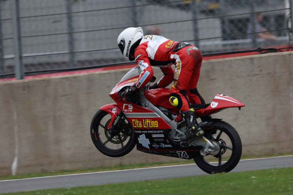 British Talent Cup Race Two winner Carter Brown (74) celebrates. Photo courtesy Dorna.