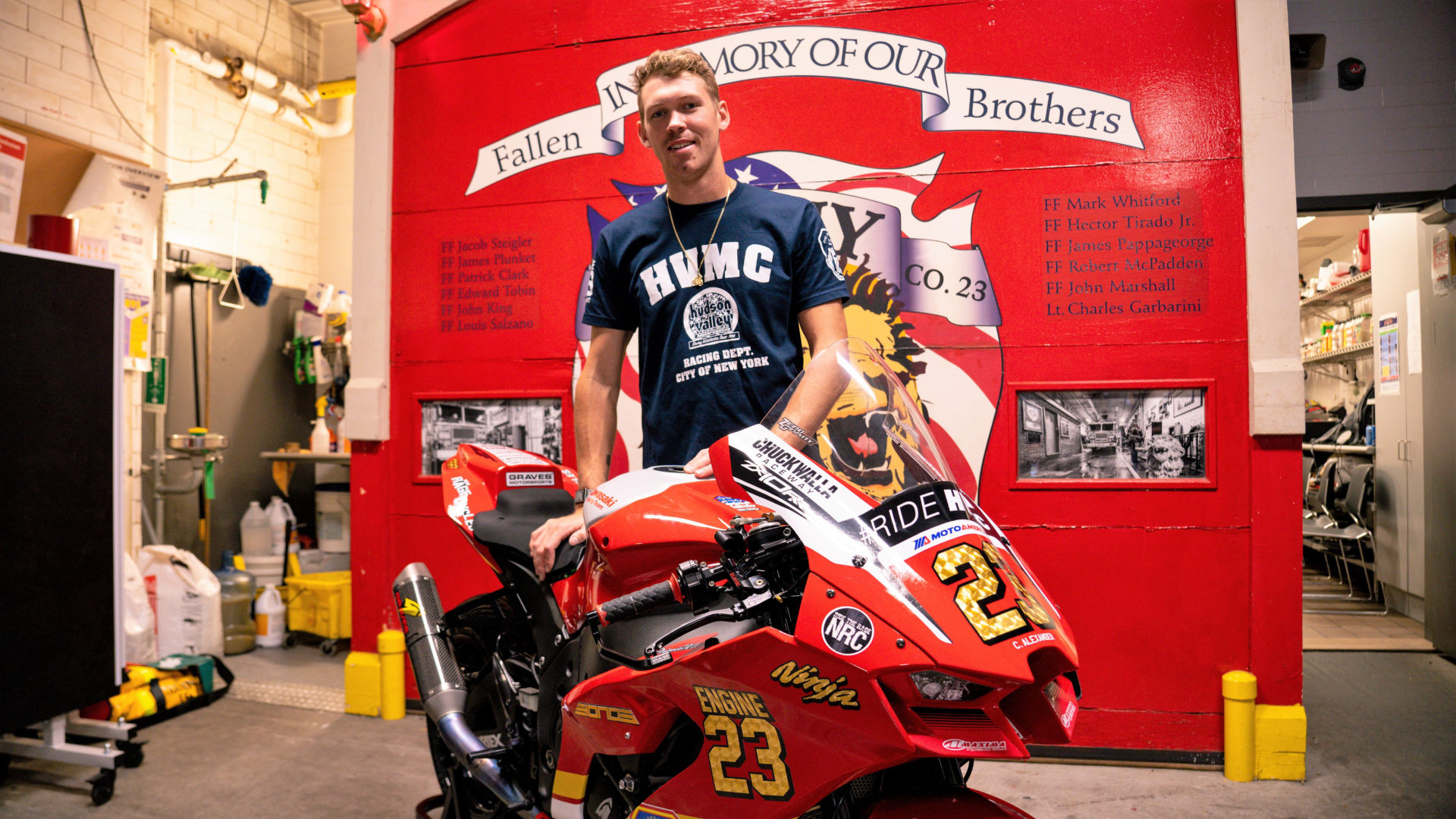 Corey Alexander and his Kawasaki ZX-10R dressed in its special 9/11-themed livery. Photo by Sam Thurman, courtesy HONOS HVMC Racing Team.