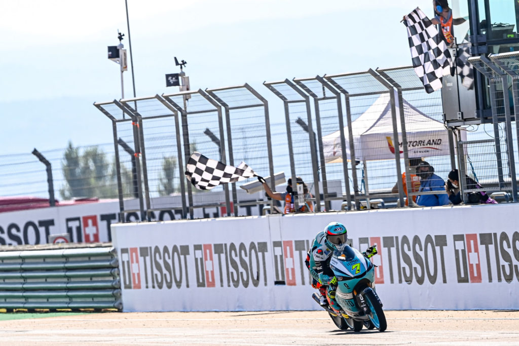 Dennis Foggia (7) leads Deniz Oncu across the finish line. Photo courtesy Dorna.