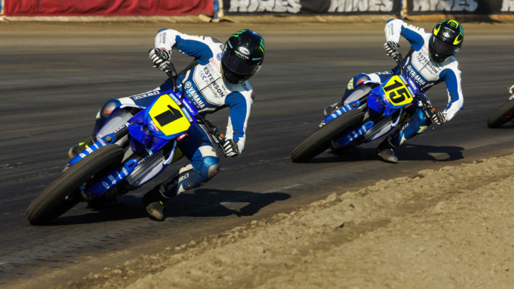 Estenson Yamaha teammates Dallas Daniels (1) and Mikey Rush (15) at the Sacramento Mile. Photo courtesy Yamaha.