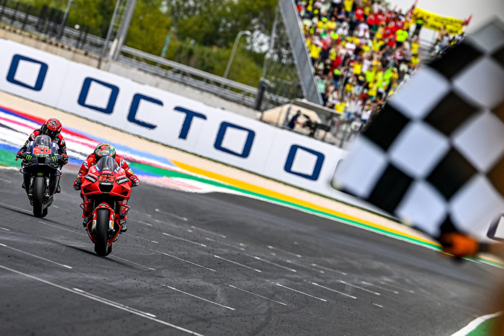 Francesco Bagnaia (63) held off Fabio Quartararo (20) to win in Misano. Photo courtesy Dorna.