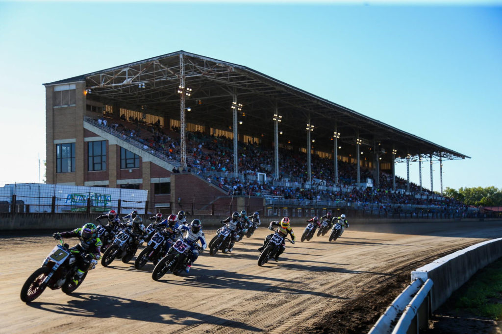 Jared Mees (9) leads the AFT Mission SuperTwins race at Springfield Mile II. Photo by Scott Hunter, courtesy AFT.