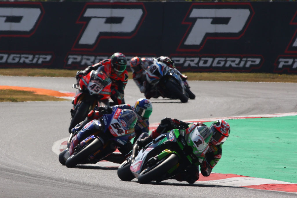 Jonathan Rea (1) leads Toprak Razgatlioglu (54), Scott Redding (45), and Michael van der Mark (60) at Magny-Cours. Photo courtesy Dorna.