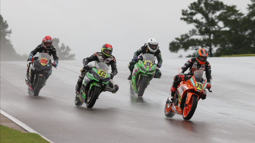 Tyler Scott (70) leads Ben Gloddy (72), Kayla Yaakov (31), and Joe LiMandri Jr. (62) in the SportbikeTrackGear.com Junior Cup race on Saturday. Photo by Brian J. Nelson, courtesy MotoAmerica.