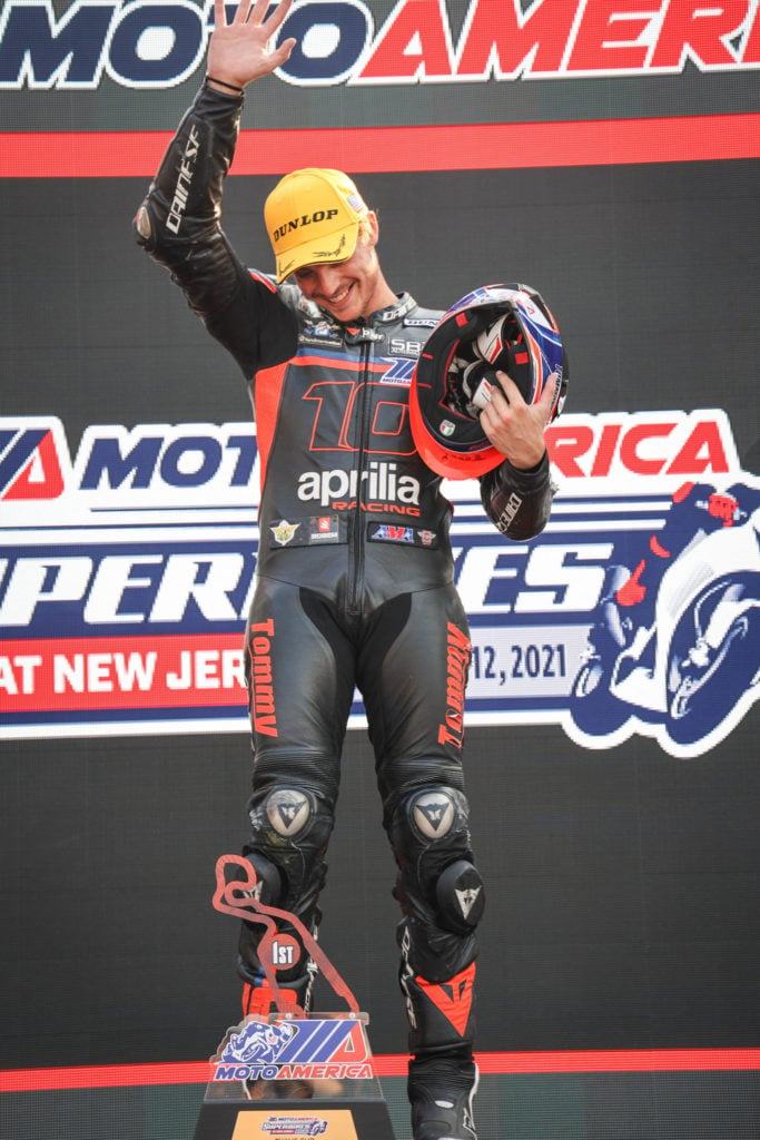 Tommaso Marcon won MotoAmerica Twins Cup Race Two at NJMP. Photo by Sara Chappell Photos, courtesy Robem Engineering.