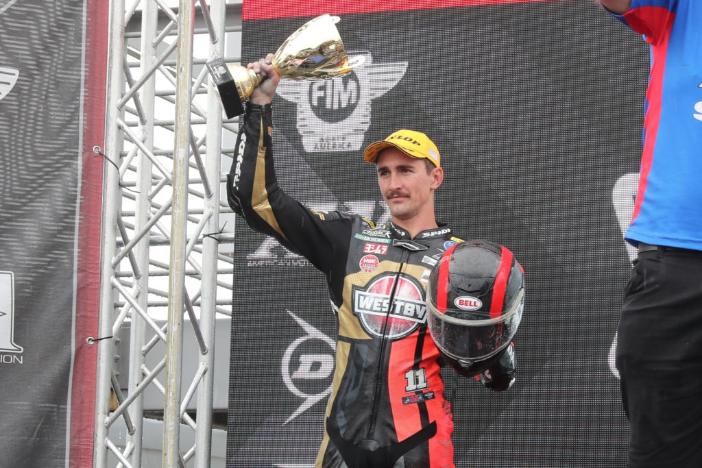 Mathew Scholtz on the podium after Superbike Race One at Barber Motorsports Park. Photo by Brian J. Nelson, courtesy Westby Racing.